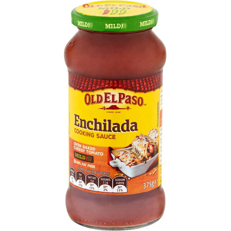 Old El Paso Mexican Enchilada Mild Simmer Sauce bottle featuring rich tomato, capsicum, onion, and garlic for authentic flavor.