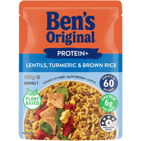 Microwaveable pouch of Ben’s Original Protein+ Rice with lentils, turmeric, and brown rice, ready in 60 seconds.