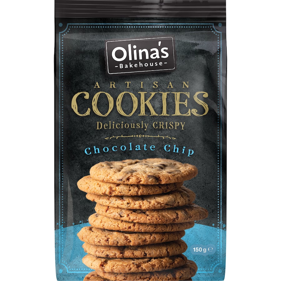 Artisan chocolate chip cookies from Olina's Bakehouse, featuring rich chocolate and eco-friendly packaging.