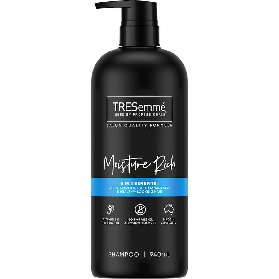 TRESemmé Moisture Rich Shampoo bottle featuring Vitamin E and Jojoba Oil for shiny, smooth, and healthy hair.