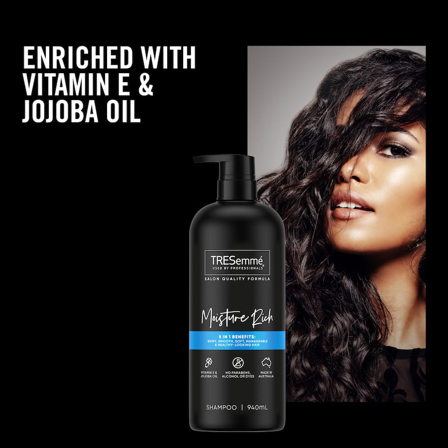 TRESemmé Moisture Rich Shampoo with Vitamin E and Jojoba Oil for shiny, smooth, and healthy hair, ideal for dry and damaged locks.