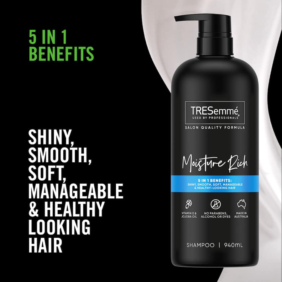 Bottle of Tresemme Moisture Rich Shampoo featuring Vitamin E and Jojoba Oil for shiny, soft, manageable hair.