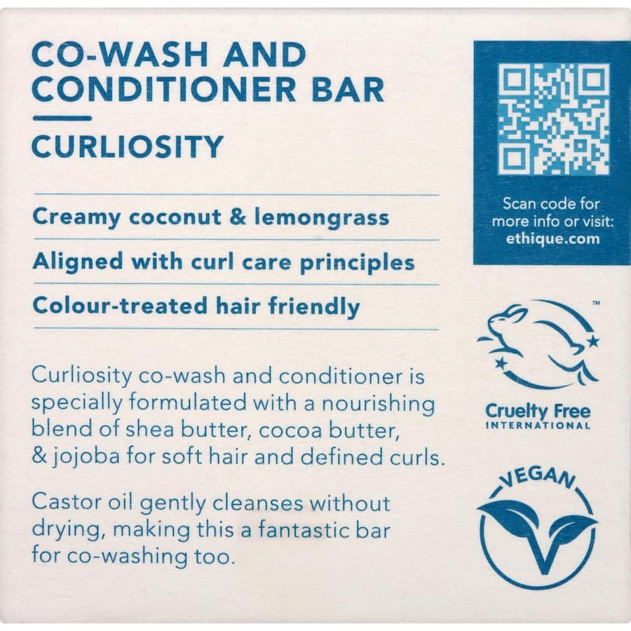 Eco-friendly Ethique Co Wash and Conditioner Bar Curliosity for curly hair, providing hydration and curl definition in a solid form.