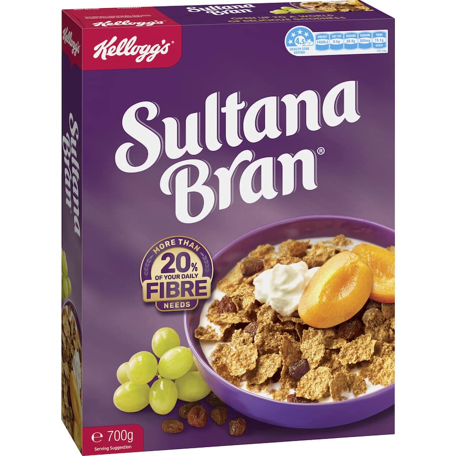 Kellogg's Sultana Bran Cereal features crunchy bran flakes and sweet sultanas for a nutritious, fiber-rich breakfast option.