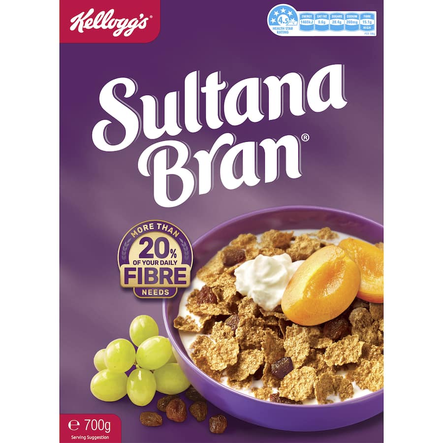 Bowl of Kellogg's Sultana Bran Cereal with juicy sultanas and bran flakes, ideal for a nutritious breakfast and digestive health.