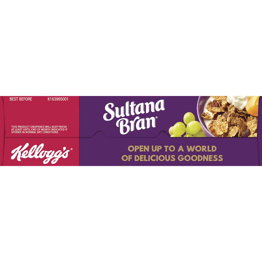 A wholesome bowl of Kellogg's Sultana Bran Cereal with brans and sultanas, rich in fiber for a nutritious breakfast.