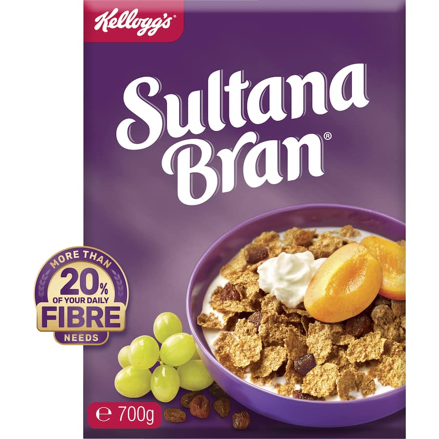 A bowl of Kellogg's Sultana Bran Cereal featuring bran flakes and sultanas, promoting healthy digestion and nutrition for breakfast.