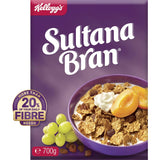 A bowl of Kellogg's Sultana Bran Cereal featuring bran flakes and sultanas, promoting healthy digestion and nutrition for breakfast.