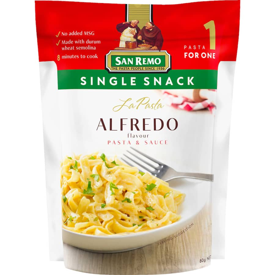 San Remo La Pasta Alfredo features creamy sauce over al dente pasta, offering a quick and gourmet Italian meal solution.