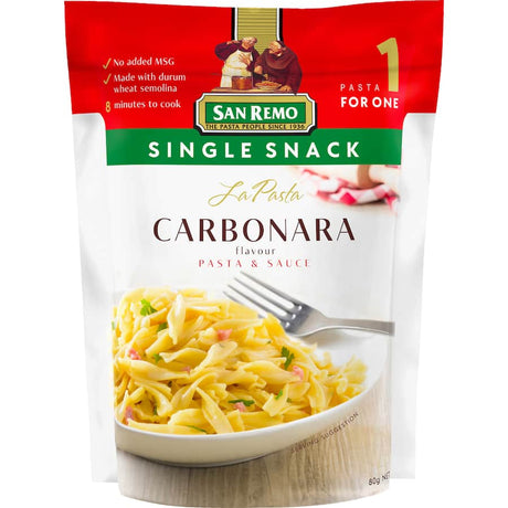 Delicious San Remo La Pasta Carbonara with creamy sauce and pancetta, perfect for a quick Italian meal.