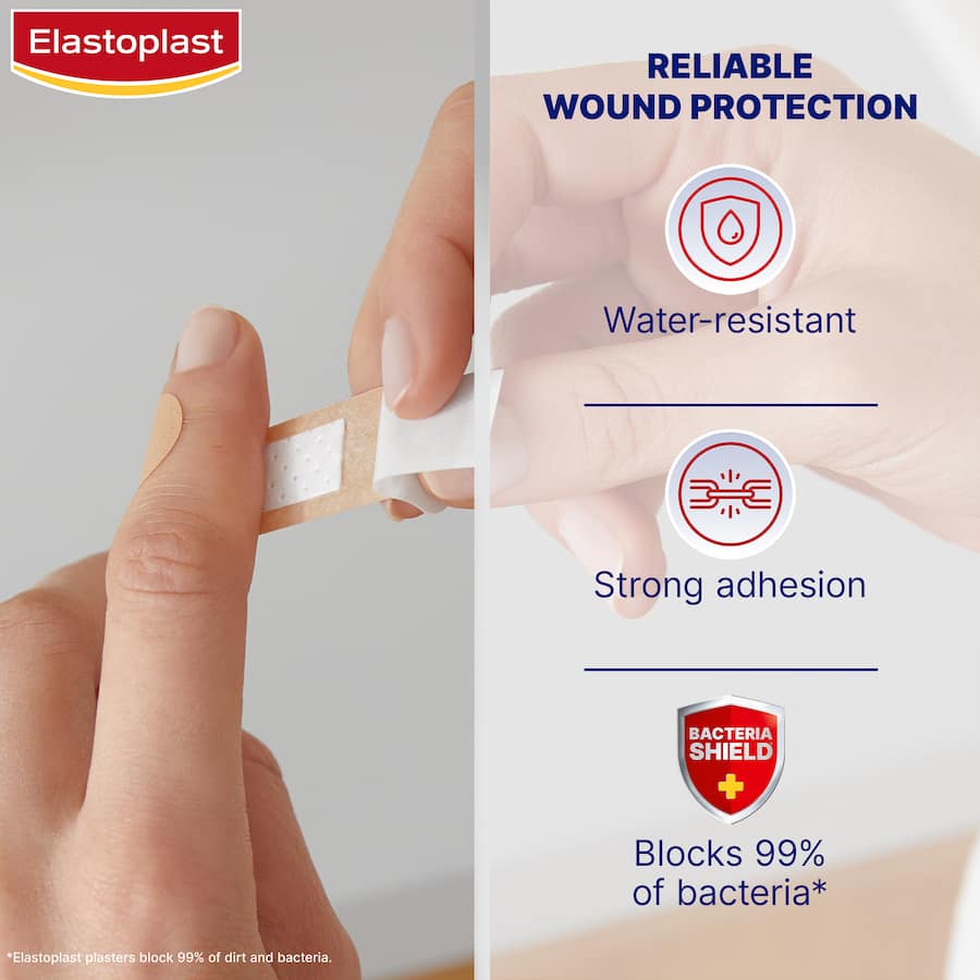 Elastoplast Plastic Plasters with Bacteria Shield, breathable, water-resistant, strong adhesion for minor wound care.