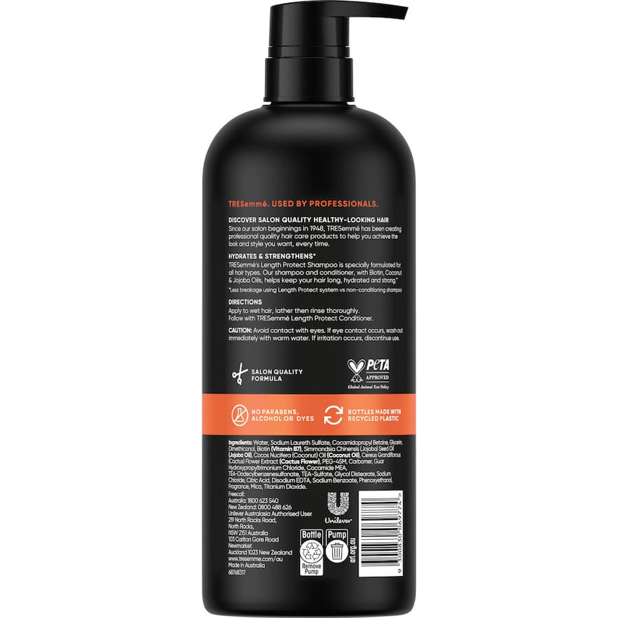 Tresemme Length Protect Shampoo bottle featuring biotin and oils for hydration and strength, eco-friendly packaging.