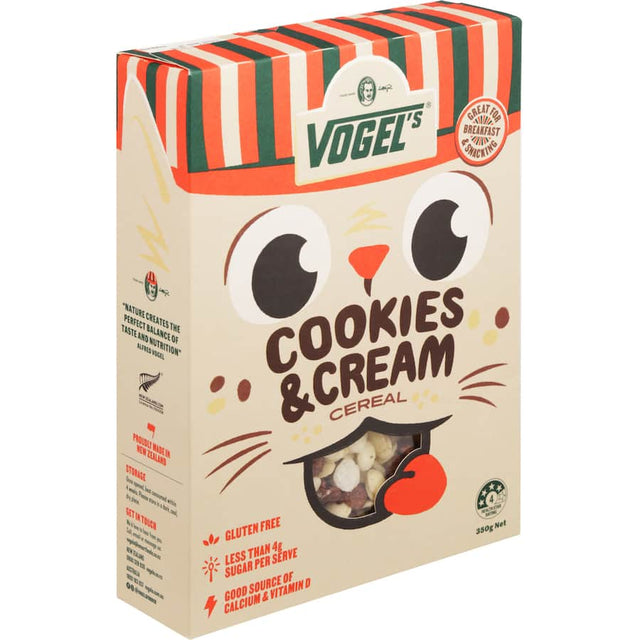 Vogels Cereal Cookies & Cream: gluten-free cereal with a crunchy blend of cookies and smooth cream, perfect for breakfast or snacks.