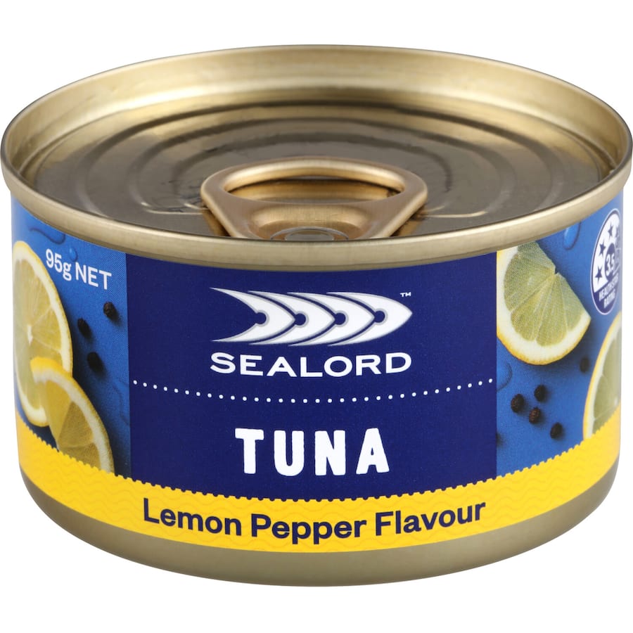 Canned Sealord Sensations Tuna with lemon pepper flavor, perfect for sandwiches, salads, or quick meals.