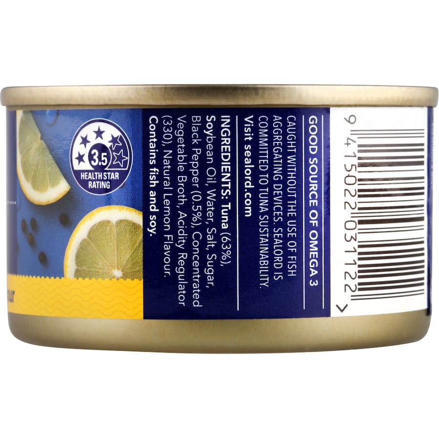 Can of Sealord Sensations Tuna Lemon Pepper, featuring premium tuna with zesty lemon and black pepper for a flavorful meal option.