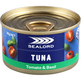 Canned tuna with tomato and basil blend, ideal for sandwiches, salads, or quick meals, rich in omega-3 and protein.
