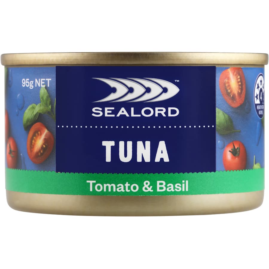Canned tuna with tomato and basil, perfect for quick meals, salads, or gourmet dishes, rich in omega-3 and protein.