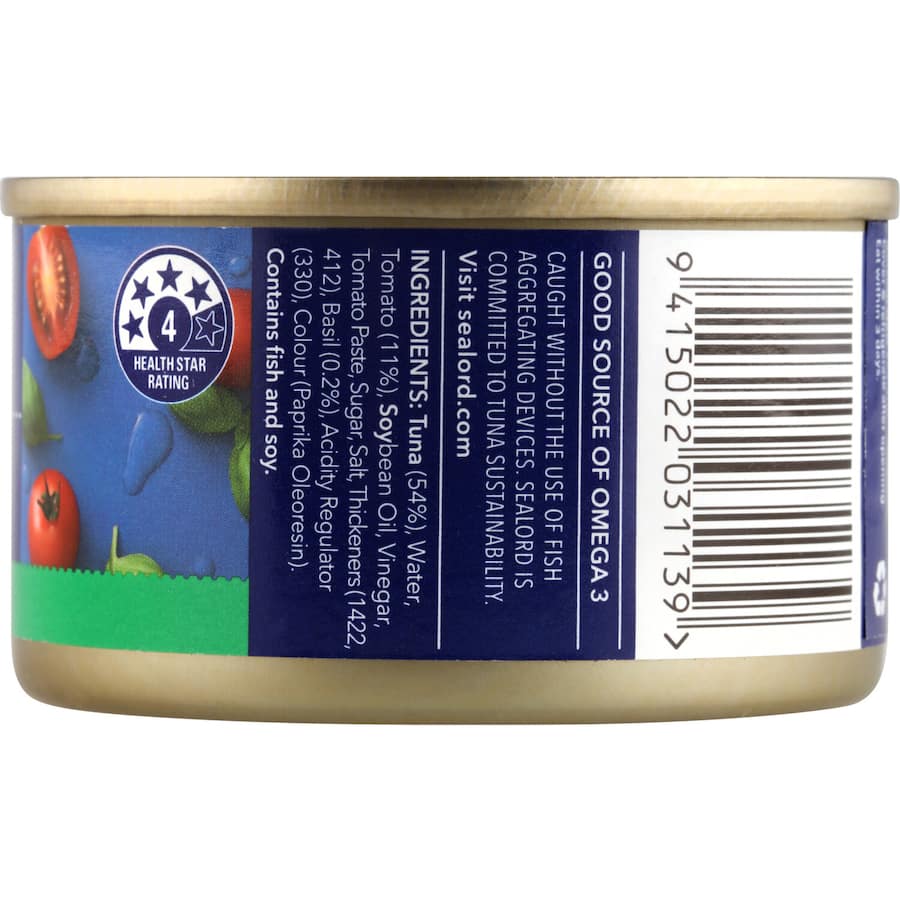 Canned tuna with tomato and basil, ideal for quick meals, sandwiches, or salads, packed with flavor and nutrition.