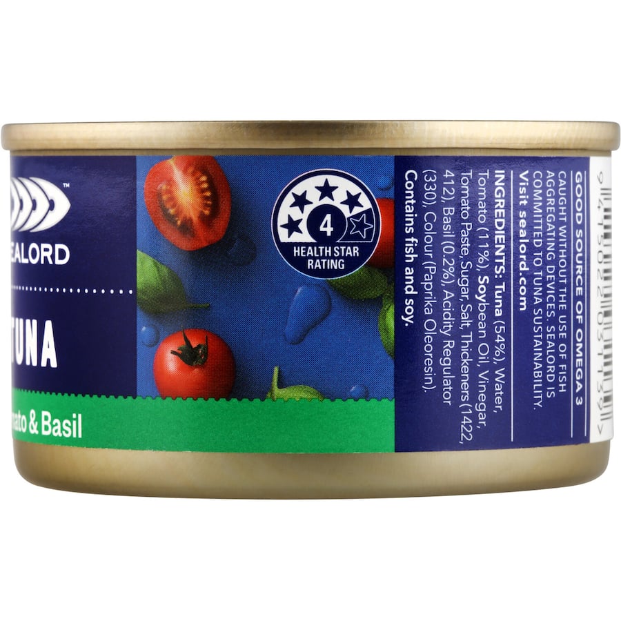 Sealord Sensations Tuna Tomato & Basil in a can, featuring a savory blend of tuna, tomatoes, and basil for convenient meals.