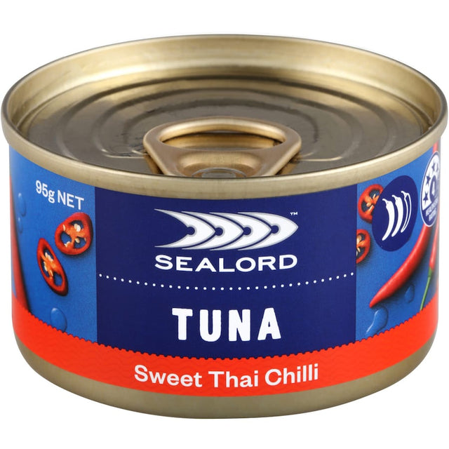 Canned Sealord Sensations Tuna in sweet Thai chilli sauce, perfect for snacks, salads, and quick meals.