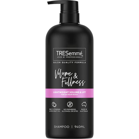 Tresemme Shampoo Volume & Fullness for fine hair, infused with coconut oil and vitamins for lasting volume and body.