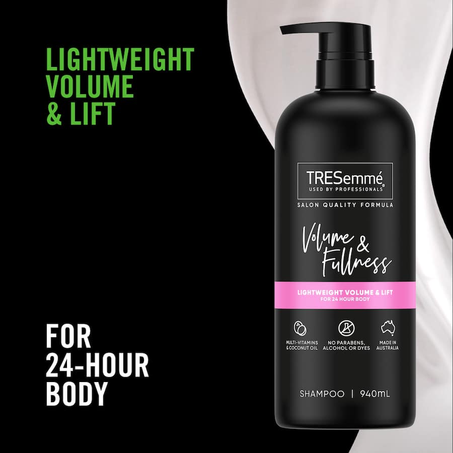 Tresemme Volume & Fullness Shampoo, enriched with multi-vitamins and coconut oil, adds lightweight volume to fine hair.