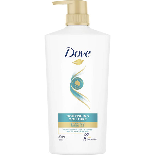 Dove Nourishing Moisture Shampoo hydrates and nourishes dry hair, promoting softness and smoothness with Pro-Moisture Complex.