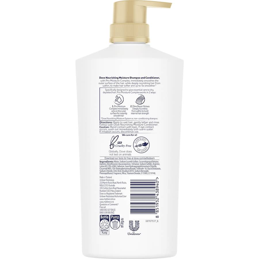 Dove Shampoo Nourishing Moisture for soft, hydrated hair with Pro-Moisture Complex in a 50% recycled plastic bottle.