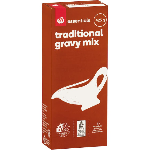 Essentials Instant Gravy Mix, made in Australia, enhances meals with its rich flavor, perfect for roasts and comfort foods.