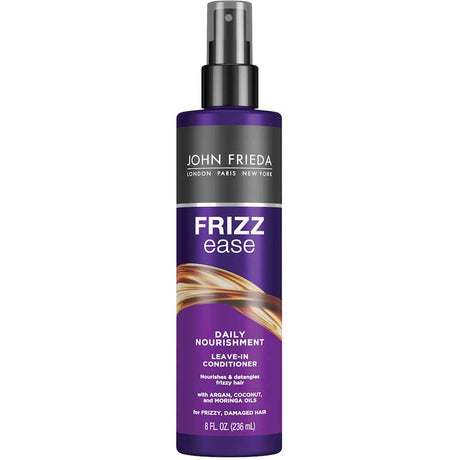 Leave-in conditioner spray with vitamins A, E, C, and green tea extract for frizz-free, nourished hair.