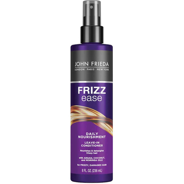 Leave-in conditioner spray with vitamins A, E, C, and green tea extract for frizz-free, nourished hair.