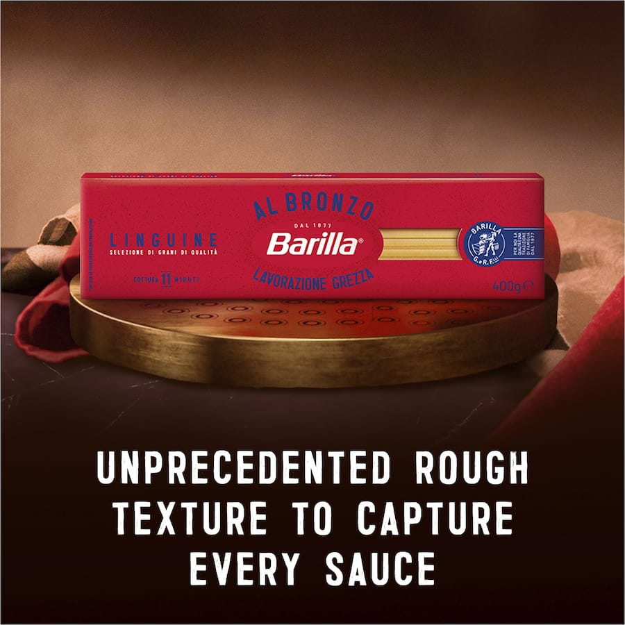 Barilla Al Bronzo Linguine, premium high-fiber pasta with a rough texture for superior sauce adhesion and golden color.