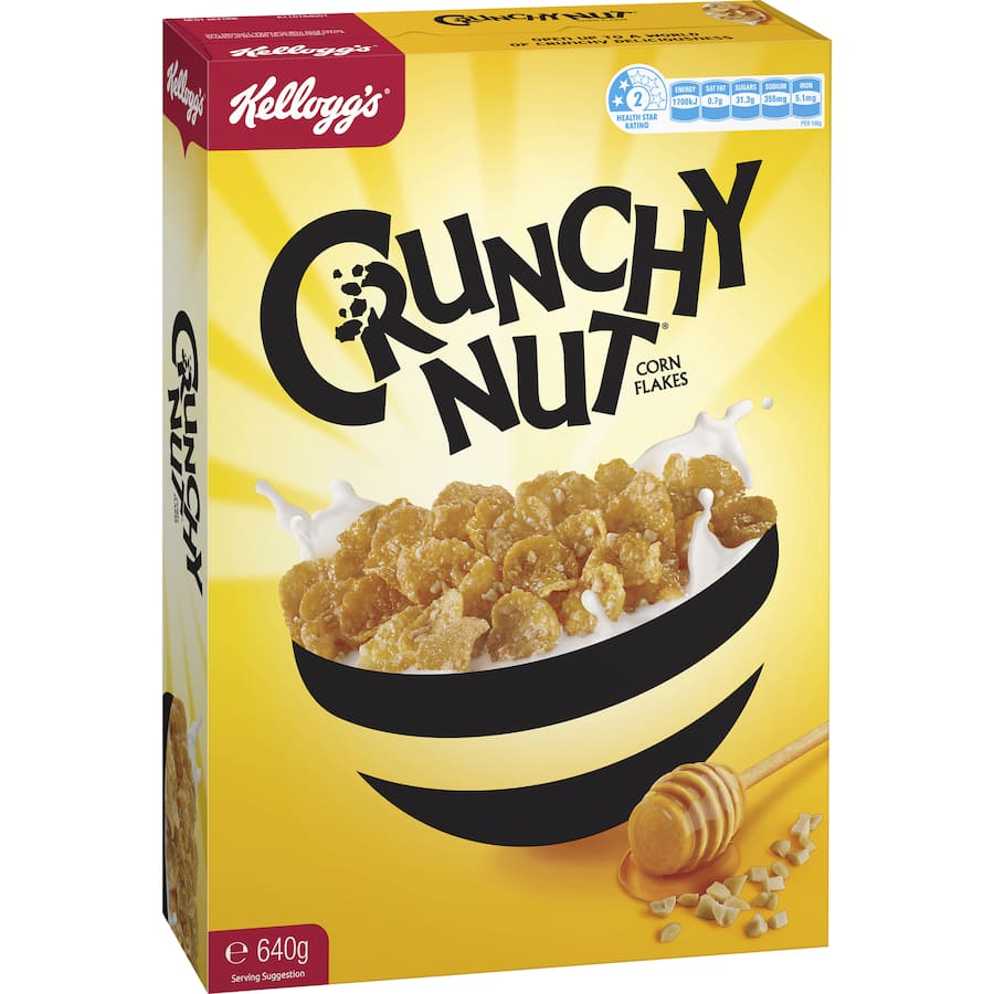 A bowl of Kellogg's Crunchy Nut Cornflakes, featuring crispy flakes, nut pieces, and honey for a delicious breakfast.