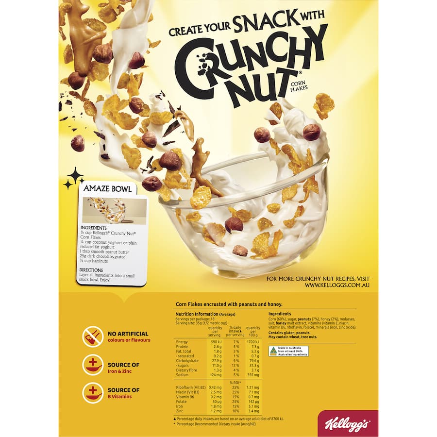 Bowl of Kellogg's Crunchy Nut Cornflakes with crispy flakes, nut pieces, and honey, offering a delicious and nutritious breakfast.