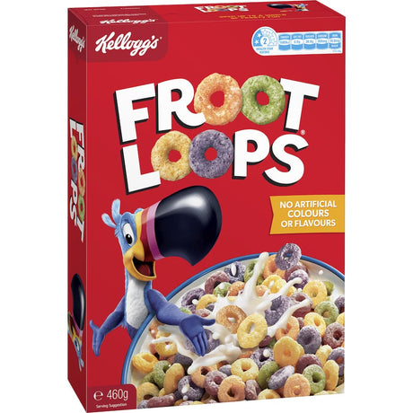 A colorful bowl of Kellogg's Froot Loops Cereal, featuring vibrant fruit-flavored rings made from corn, wheat, and oats.