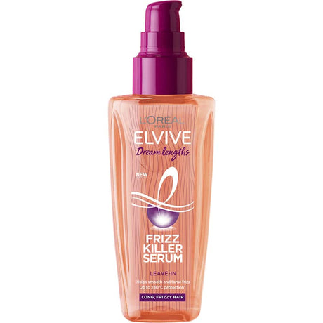 L'Oreal Paris Elvive Dream Lengths Frizz Serum to tame frizz, infusing hair with keratin and cocoa butter for smooth, shiny locks.