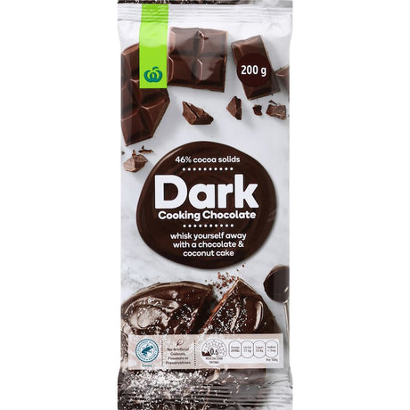 Woolworths Cooking Chocolate Dark 46% cocoa, 200g bar, perfect for baking rich desserts like cookies and cakes.