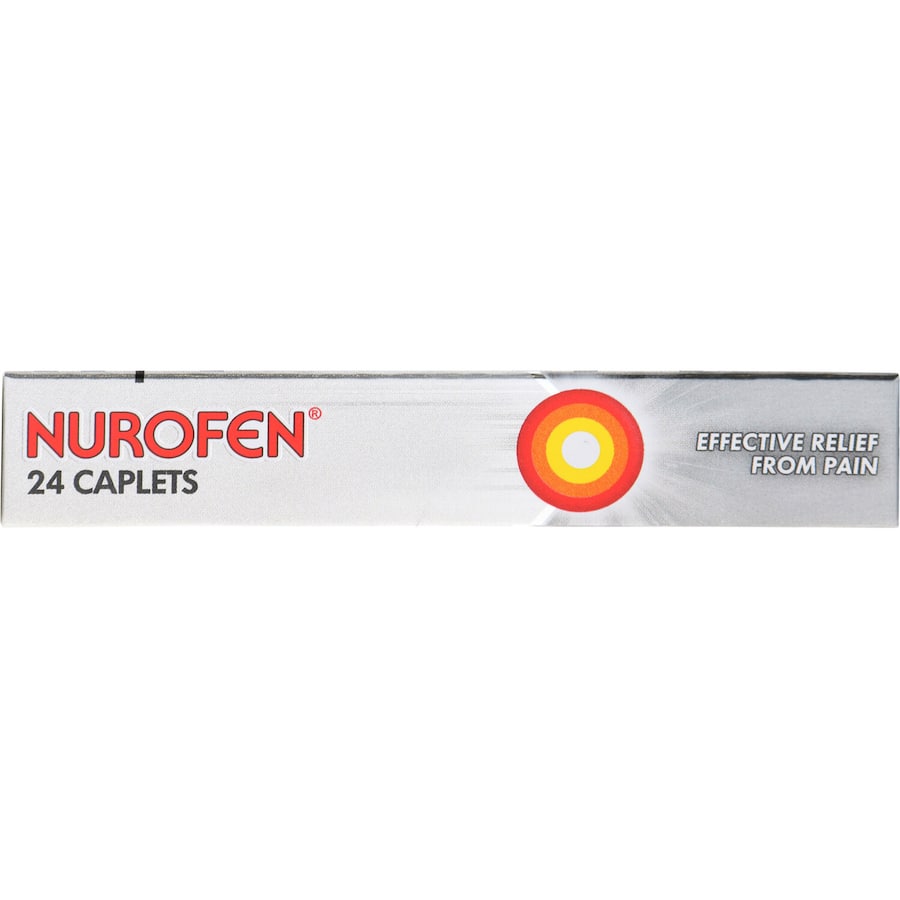 Nurofen Ibuprofen 200mg caplets, oval-shaped for easy swallowing, provide up to 8 hours of pain and inflammation relief.