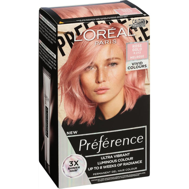 L'Oreal Preference Rose Gold 9.213 Melrose hair dye offers radiant, long-lasting colour and nourishes for healthy, shiny hair.