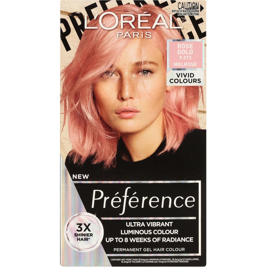 L'Oreal Preference Hair Colour in Rose Gold 9.213 Melrose, showcasing radiant, long-lasting colour for elegant transformations.