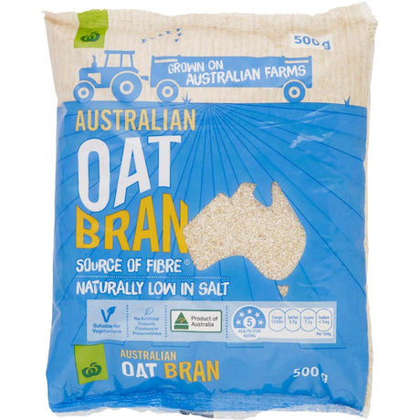 A 500g pack of Woolworths Oats Bran, high in fiber and low in salt, perfect for nutritious meals and healthy digestion.