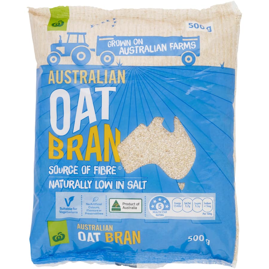 Woolworths Oats Bran 500g pack, rich in dietary fiber, perfect for breakfast, soups, and smoothies, from Australian farms.