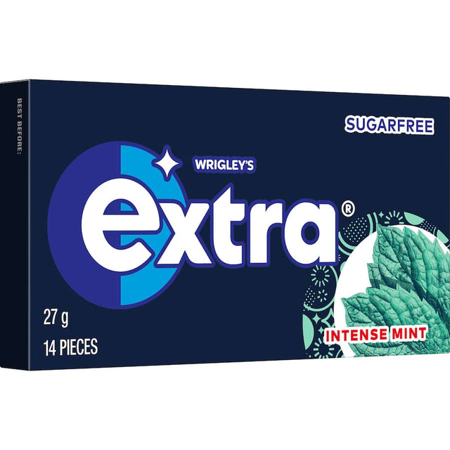 Wrigley's Extra Intense Mint Sugar-Free Gum in convenient packaging for fresh breath and enhanced focus anytime.