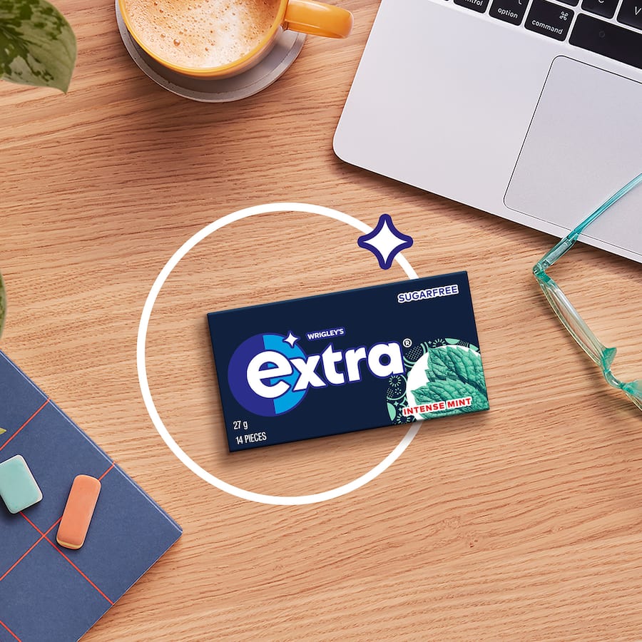 Wrigley's Extra Sugar-Free Intense Mint Gum, offering a refreshing mint taste and focus boost in a convenient envelope pack.