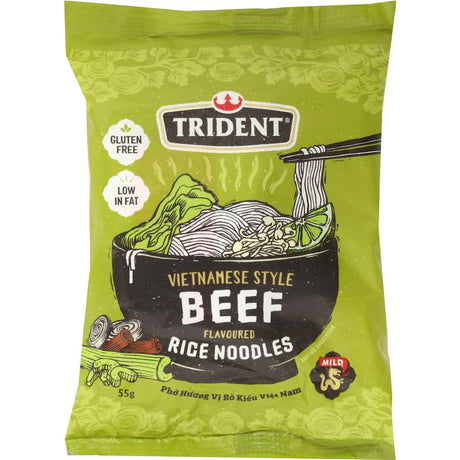 A pack of Trident Rice Noodles featuring Vietnamese beef flavor, gluten-free and quick to prepare for a savory meal.