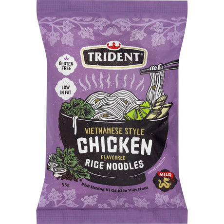 Trident Vietnamese Chicken Flavour rice noodles, gluten-free and 99% fat-free, perfect for quick, flavorful meals or snacks.