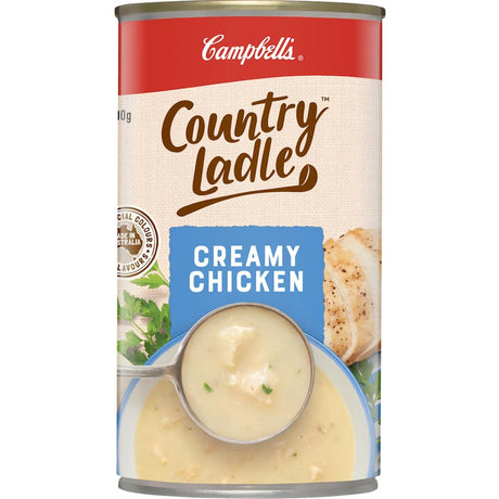 Can of Campbell's Country Ladle Creamy Chicken Soup, 98% fat-free, featuring hearty chicken and vegetables for quick meals.