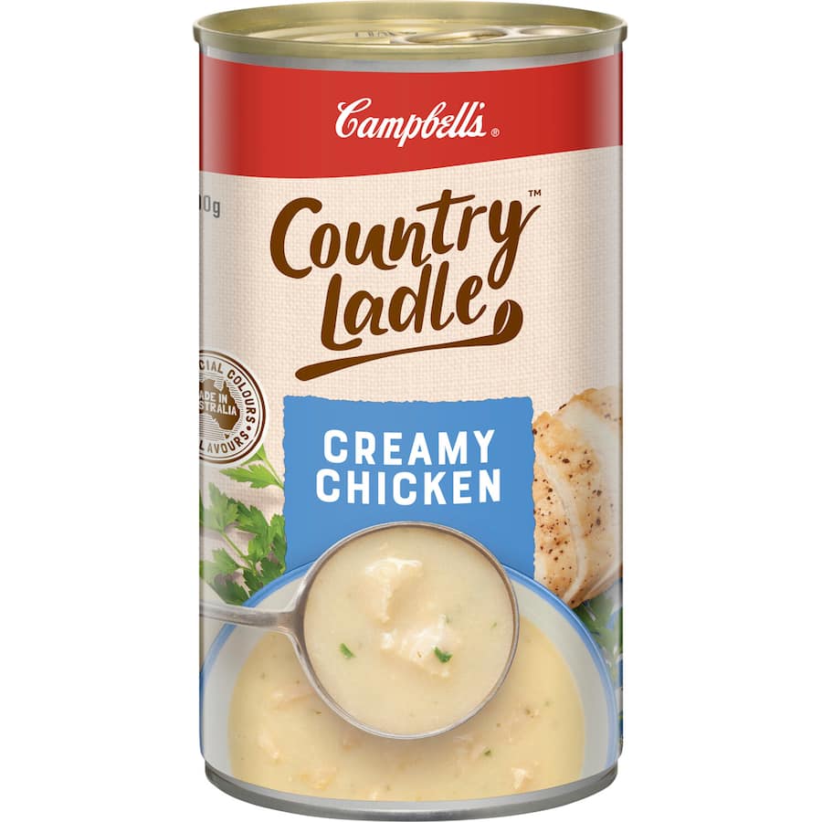 Creamy chicken soup in a can, 98% fat-free with veggies and herbs, perfect for quick, comforting meals.