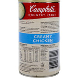 Canned Campbell's Country Ladle Creamy Chicken Soup, ready-to-serve with a blend of chicken, veggies, and herbs.