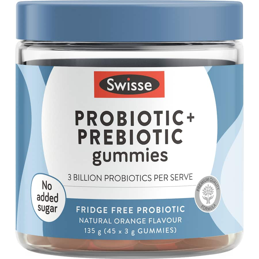 Vegan Swisse Probiotic + Prebiotic Gummies in orange flavor, featuring 3 billion CFU probiotics and chicory root fiber for gut health.